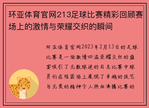 环亚体育官网213足球比赛精彩回顾赛场上的激情与荣耀交织的瞬间